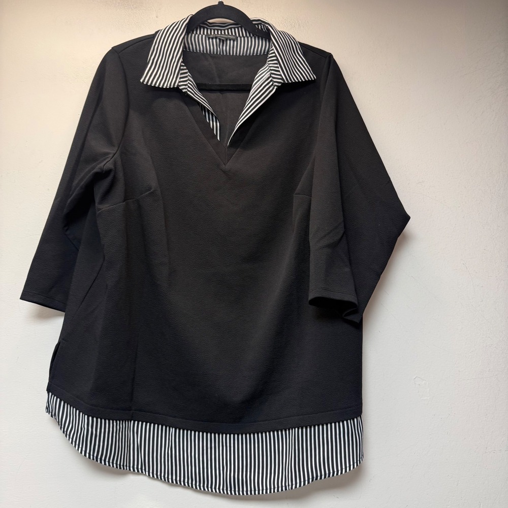 Adrianna Papell Tunic Top Womens 1X Black Striped Excellent Layered Mixed Media